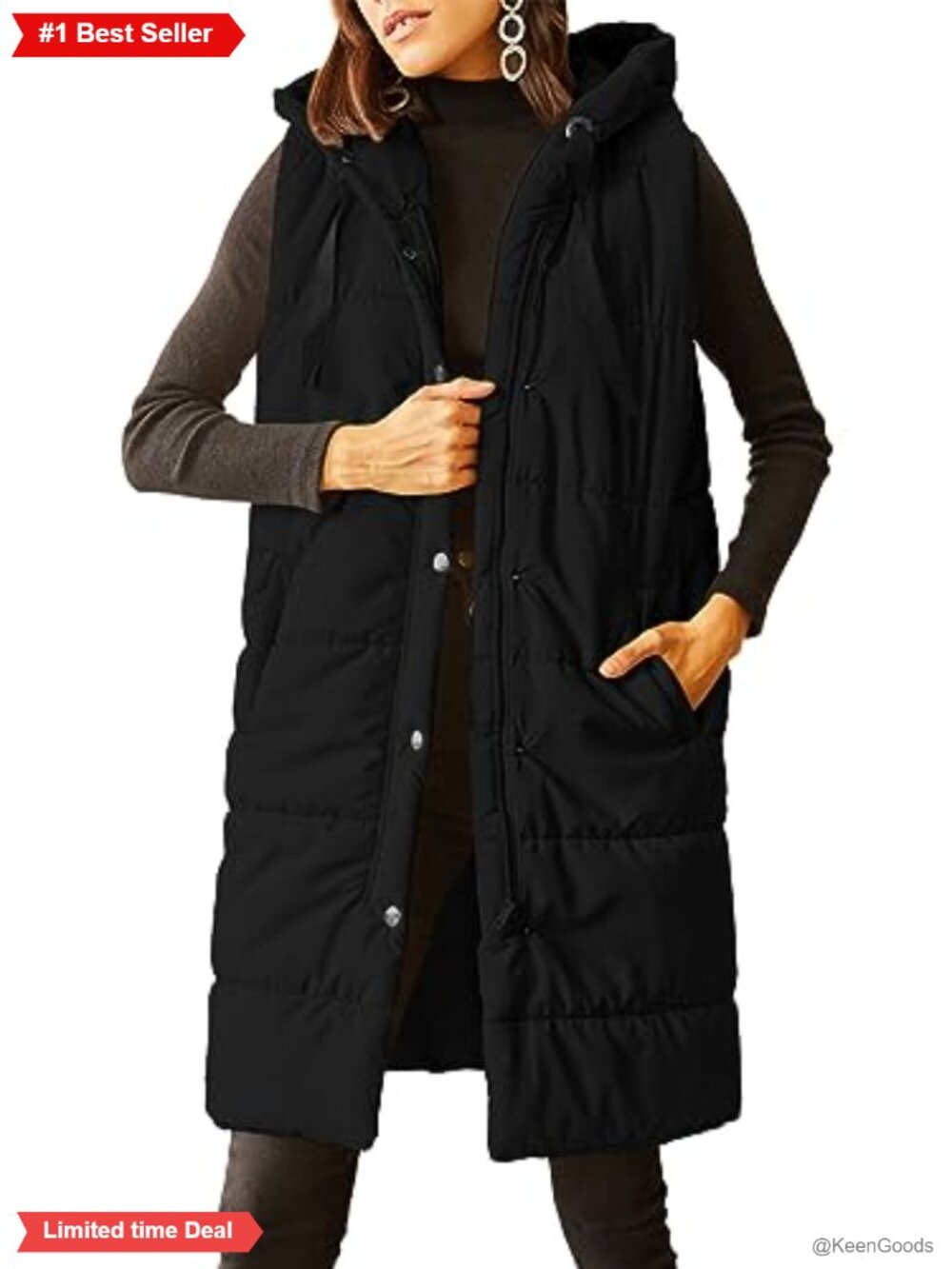 Long Quilted Puffer Vest Sleeveless Hooded Button Down Padded Coat